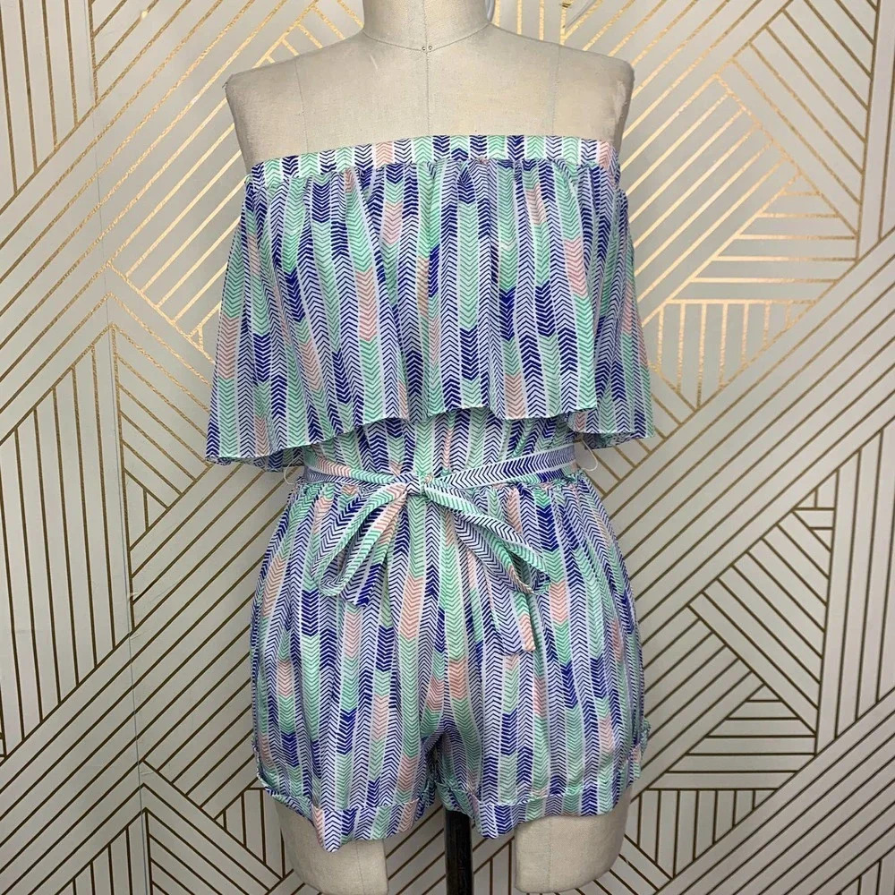 Lemlem Gigi Silk Strapless Romper in Blue Green Chevron Print Size US Small